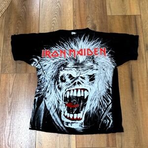 Vintage 1990's Iron Maiden AOP Shirt XL Eddie White/Black Band Shirt Metal Tee
